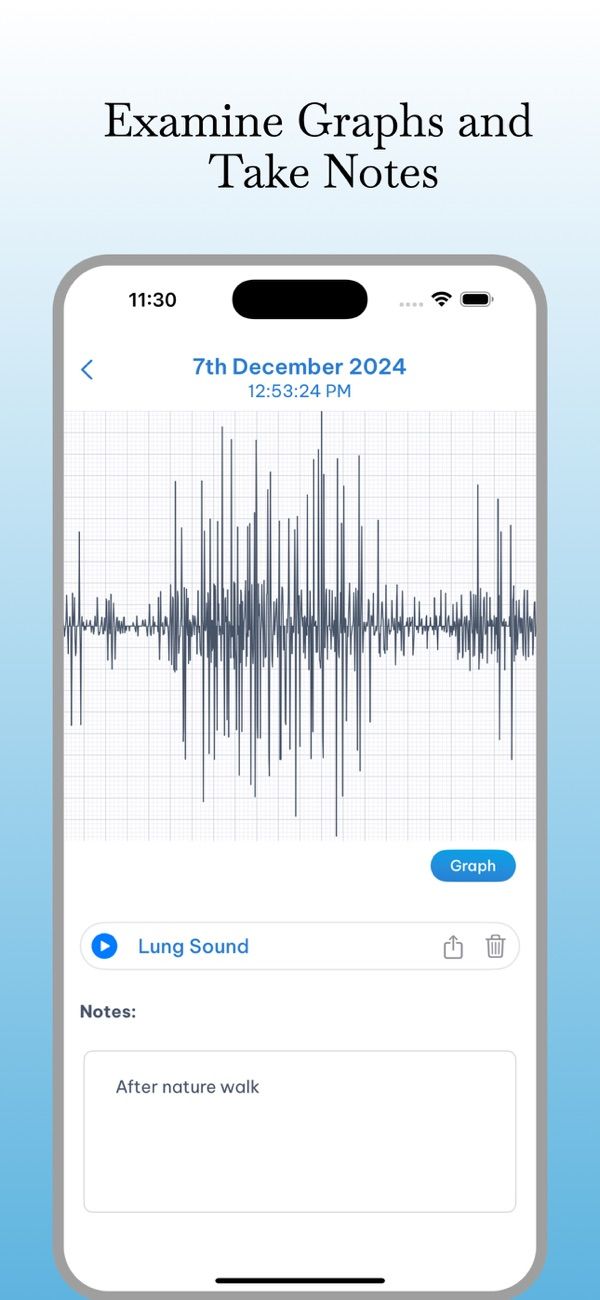 Remotex Note showing a lung sound graph with a note