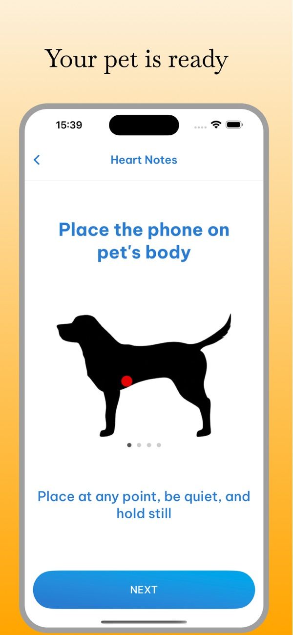 PetScope app showing where to place the phone on a dog
