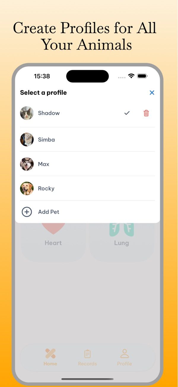 Choosing a pet's profile in PetScope